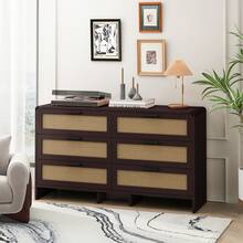 130CM Arc Shaped Corner Rattan Cabinet, 6-Drawers Rattan Storage Cabinet Rattan Drawer, For Living Room Bedroom,And Kitchen, Reddish-Brown, Brown - 棕色 - 查看 2