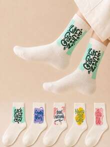 5 Pairs Women's Letter Graffiti Sports Sweat-Absorbing Couple Mid-Calf Socks - Multicolor - View 7