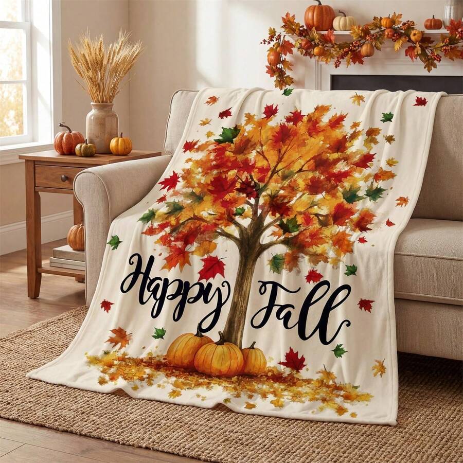 1件裝秋季豐收楓葉南瓜法蘭絨毯,Happy Fall 秋季印花披毯,感恩節居家裝飾毯 - 彩色 - 查看 1