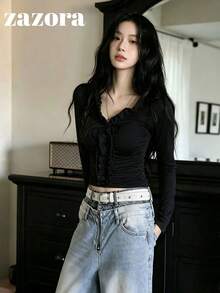 Korean Style Niche Exquisite 3D Ruffle Trim Long Sleeve T-Shirt For Women, Unique Inner Layer Top - Black - View 6