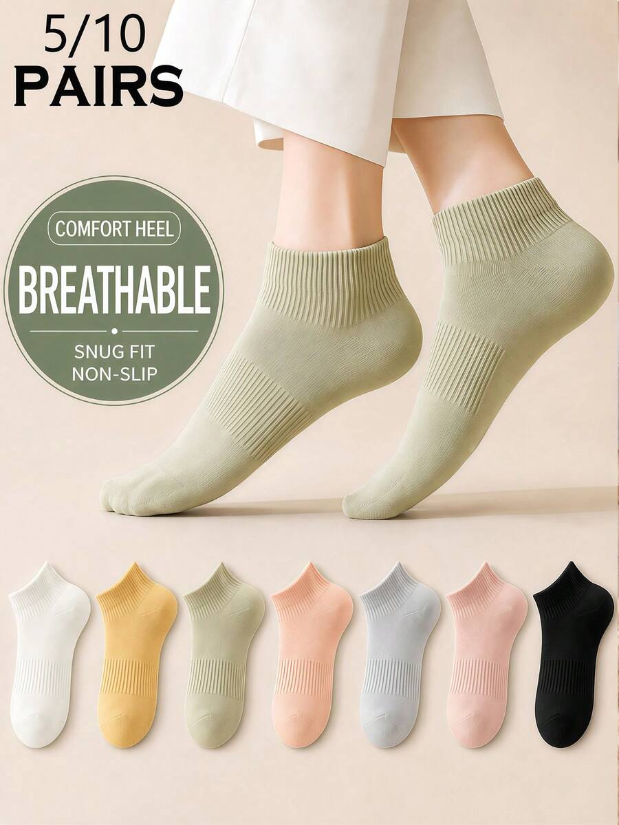 5/10 Pairs Women's Short Socks, Macaron Multi-Color Solid, High Elasticity Breathable Sweat-Absorbing, Combed Cotton, Anti-Slip Durable Non-Stuffy, Simple Colorful Socks For Daily Commute Home Leisure - Multicolor - View 1