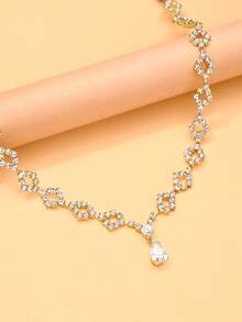 outingfit 1pc New Rhinestone Water Drop Shaped Hair Chain, Fashion Shiny Bridal Hair Accessory - Gold - View 5