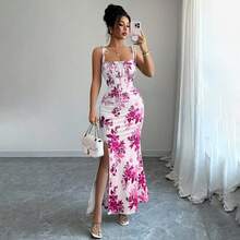 Women's Floral Mermaid Maxi Dress With Thin Straps And Bow, Square Neck, Ruched, Bodycon, For Wedding Guests, Beach Vacations And Date Nights. - 粉色 - 查看 10