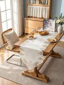 HXARTMIS 1pc Vintage Exquisite Gold Thread Embroidered Water-Soluble Lace Table Runner, European Style Hollow Pointed Table Runner, Suitable For Wedding, Dining Table And Home Decor - White/Coffee - View 3