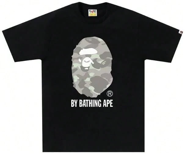 Ape Head Graphic Tee,Gray-Green Camouflage With White Lettering,VintageStreetwear,College Retro ,Popular Theme Patterns, Summer T-Shirt - 黑色 - 查看 1