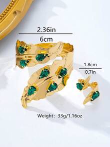 2pcs/Set Fashionable Luxurious Old Money Style Metal Spiral Round Ring Inlaid With Green Gemstone Suitable For Women's Daily Wear, Party, Gathering Bracelet And Ring Set - Golden - View 4