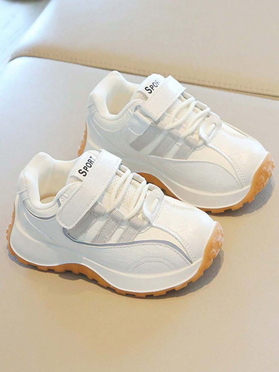 1 Pair Kids' Vintage Chunky Sneakers, Mesh Patchwork, Hook And Loop Closure, Fashionable Versatile Outdoor Non-Slip Sports Sneakers - White - View 1
