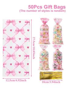 Pink Bow Clear Cellophane Candy Bags, Plastic Treat Goodie Gift Bags For Birthday Party Favors Supplies - Bow-tie Style - View 8