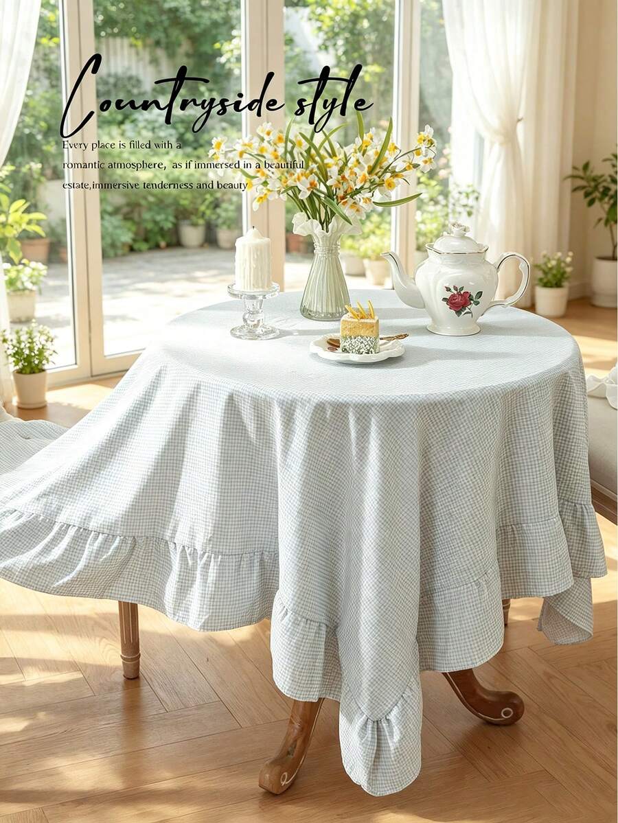 1pc Tablecloth With Ruffle Hem Decor, Polyester Fabric, Light Blue Plaid Pattern, Rectangular Or Square, Suitable For Dining Room And Living Room Table Decor