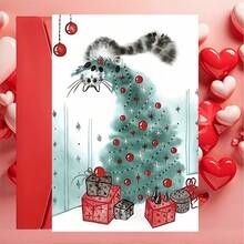 1 Greeting Card + 1 Envelope Adorable Christmas Greeting Card, Cat Playing With Tree "Merry Christmas" For Friends, Winter Holiday Festive Artistic Style Card. - Red Envelope - View 9