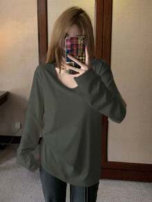 Solid Color Versatile Long Sleeve T-Shirt Women's Autumn Slimming Inner Layer Round Neck Casual Relaxed Base Layer Top - Grey - View 8
