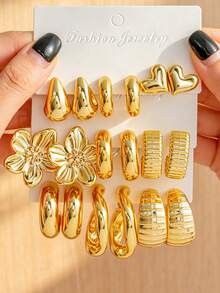 6-18pcs Fashionable Lightweight CCB Earrings Set, Including Teardrop, C-Shaped, Heart, Floral, Textured C-Shaped, Geometric Stud Earrings, Suitable For Women's Dates And Holidays, Exquisite Holiday Gift - Gold - View 10