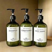 3pcs Reusable 500ml Dark Green Shampoo, Conditioner, Body Wash Dispenser Bottles With Pump, Bathroom Lotion Dispenser Containers With Waterproof Labels - Dark Green - View 2