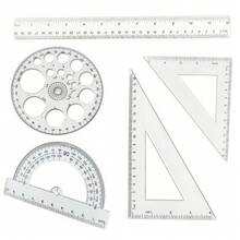 Juego de 5 piezas de reglas de geometría matemática, transportador, triángulo escolar, transparente | Herramientas de geometría de plástico transparente para dibujo, incluye transportadores, triángulos, regla recta, juego de dibujo redondo para clase de matemáticas y hogar - Conjuntos - Ver 8