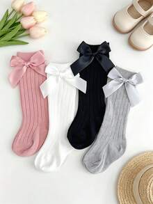 4 Pairs Kids Bow Decor Mid-Calf Socks, Suitable For Girls All Season, School Uniform Performance Socks, European British Academy Style Solid Color Double-Needle Ribbed Socks - Multicolor - View 3