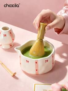 choxila 1 Set/2pcs Korean Ins Style Cute Ceramic Matcha Bowl And Tea Whisk Holder Set, Handmade Shaped With Hand-Painted Asymmetrical Design, Handmade Tilted Bowl - Pink Matcha Bowl Two-piece Set - View 7
