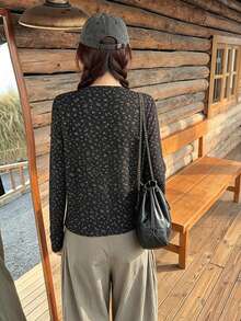 Korean Style Ditsy Floral Lace Trim Camisole Tank Top & Long Sleeve Cardigan Jacket 2pcs Set For Women, Spring/Autumn - Black - View 8