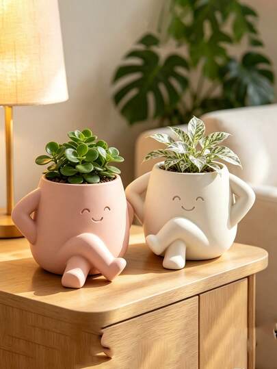 Cute Cartoon Sitting Pose Flower Pot, 3D Printed High-Quality Material, Succulent And Pothos Plant Pot, Suitable For Home, Office, Cafe, Bar Desktop Art Decoration, Beautiful Room Decor, Holiday Gift (Flower Pot Ornament Only)