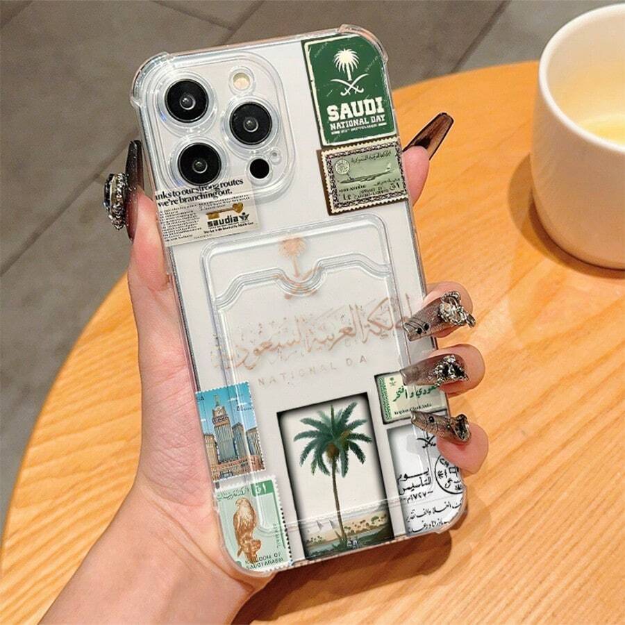 1pc Saudi Post Pattern New Premium Classic Minimalist Retro Patchwork Aesthetic Popular Style Suitable For Friends, Family, Couples, Yourself Birthday Gift, Holiday Gift, Black Matte Soft Shell Dustproof Waterproof Compatible With IPhone 16/15/14/13/12/11/Pro/ProMax/X/XR/XS/XSMAX/7/8/PLUS - Multicolor - View 1