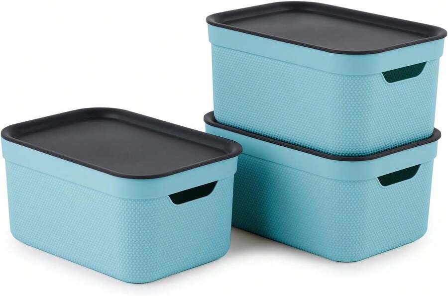 Set Of 3 A5 Decorative Boxes With Lids, Turquoise Color. Storage Containers Made From Material, Ideal For Bookshelves And Offices - View 1