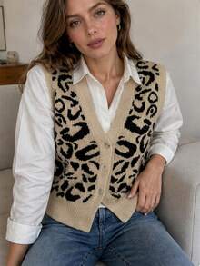 Wixra Women's V-Neck Leopard Print Knit Vest, Front Button Sleeveless Cardigan - Khaki - View 5