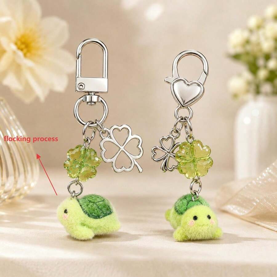 1pc/2pcs Unisex Cartoon Flocked Turtle Pendant Lucky Four-Leaf Clover Beaded Accessory Alloy Four-Leaf Clover Charm Keychain Cute Fresh Bag Charm - Green - View 1