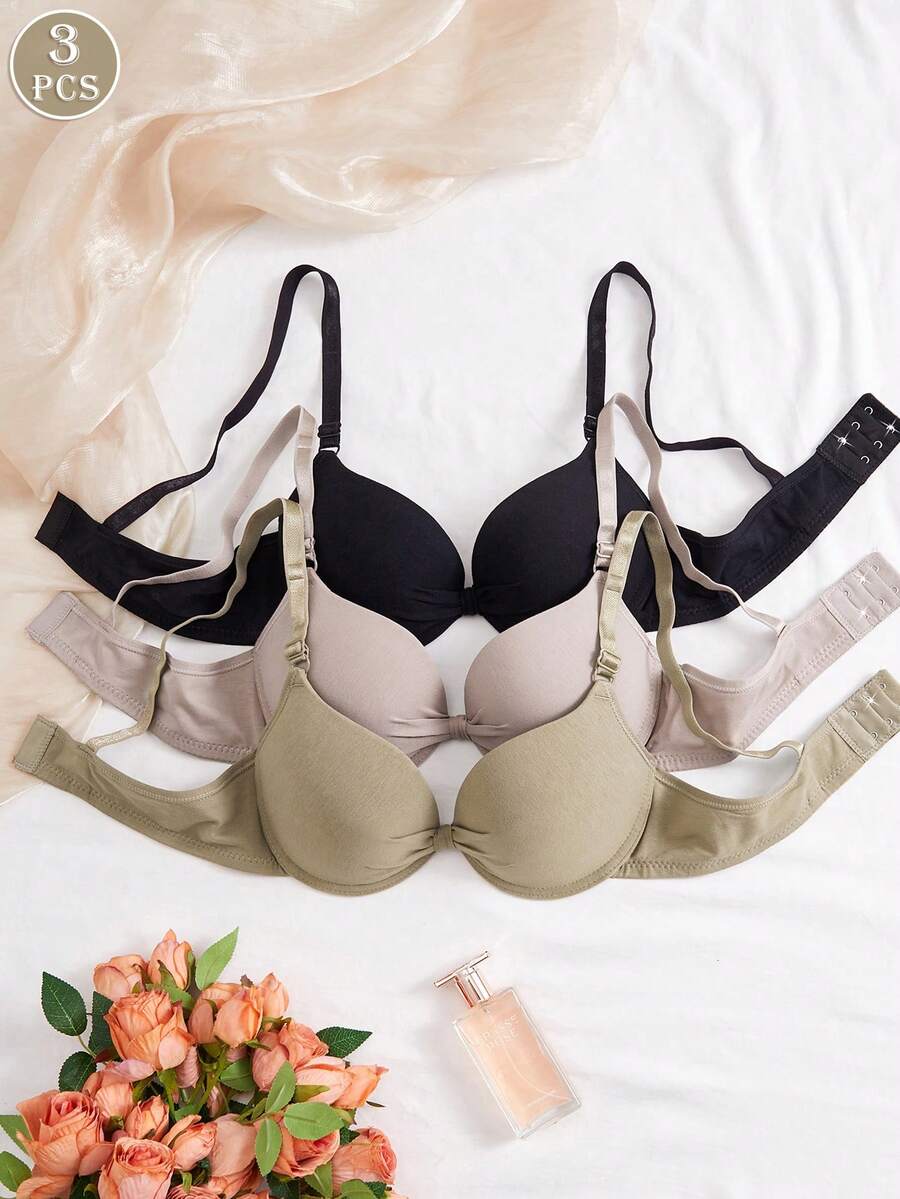 3件組女款舒適睡眠多色鋼圈棉質軟罩杯純色聚攏內衣 [適合平胸] - 彩色 - 查看 1
