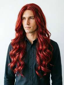 1 Buah Wig Keriting Panjang Belahan Tengah Warna Burgundy, Wig Serbaguna untuk Cosplay, Wig Seluruh Kepala, Serat Sintetis 24 inci, untuk Pesta Liburan - Burgundy - View 2