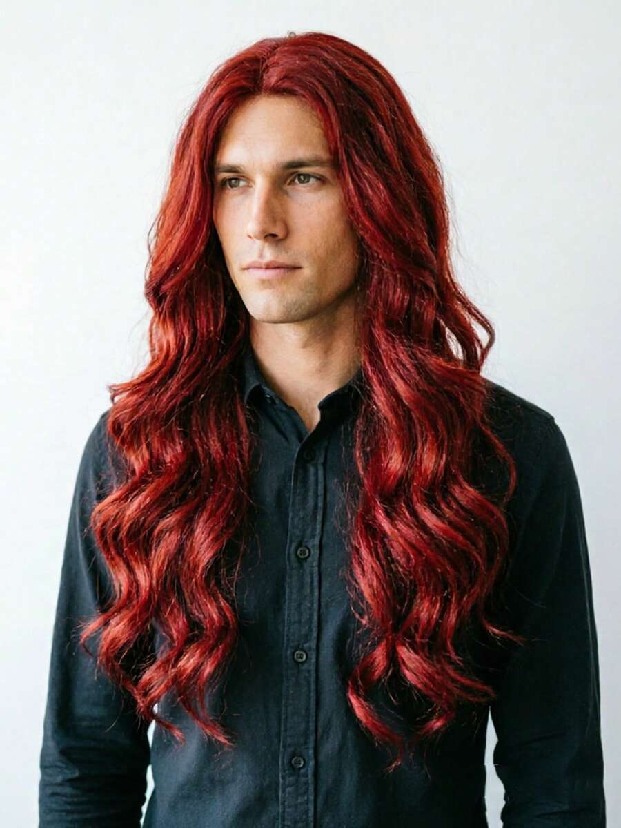 1 Buah Wig Keriting Panjang Belahan Tengah Warna Burgundy, Wig Serbaguna untuk Cosplay, Wig Seluruh Kepala, Serat Sintetis 24 inci, untuk Pesta Liburan