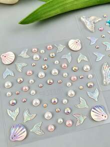 2pcs Mermaid Ocean Theme Face Gem Stickers, Iridescent Shell Fish Tail Rhinestone Pearl Face Decals, Self-Adhesive Face & Body Decoration, Suitable For Music Festival, Cosplay, Party,Halloween Costume - Multicolor - View 10
