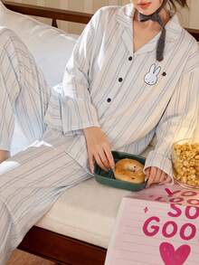 Gongdie طقم بيجامة نسائي Miffy Couple من قطعتين، ملابس منزلية ناعمة من القطن بخطوط زرقاء لربيع/خريف مع جيوب ونقشة أرنب لطيفة - أزرق فاتح اللون - مشاهدة 5