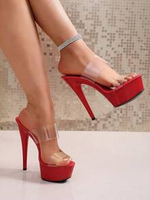 Sapatos de Salto Alto 2026 com Tira Transparente, Cor Sólida, Estilo Boate, PVC (Cloreto de Polivinila), Fivela com Strass, Festa, Verão - Vermelho - Visão 13