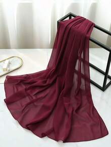 1pc Spring/Summer Casual Versatile Modest Hijab Minimalist Solid Color Soft Breathable Chiffon Scarf - Burgundy - View 3