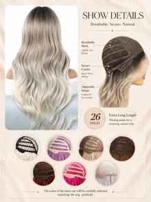 Wig Sintetis 24 Inci Ombre Akar Gelap Pirang Abu-abu, Poni Bergelombang Longgar Potongan Berlapis, Gaya Panjang Bervolume, Aksesori Fashion untuk Sehari-hari, Pesta, Halloween & Natal - Ombre - View 7