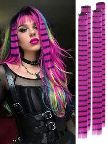 4pcs Leopard Print & Striped Hair Extensions, 20 Inch Colorful Long Straight Clip-In Hair, Suitable For Women's Daily Wear, Party, Halloween And Other Holidays - Multicolor - View 3