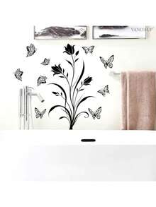 1pc Black Tulip Butterfly Silhouette Self-Adhesive Wall Sticker, Removable And No Damage, Home Wall Decor For Living Room, Bedroom, Entryway Background Wall - Tulip Butterfly - View 1