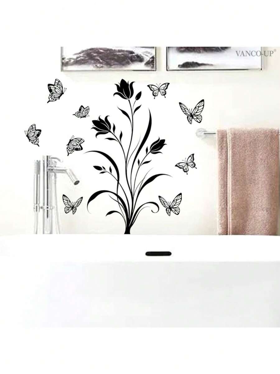 1pc Black Tulip Butterfly Silhouette Self-Adhesive Wall Sticker, Removable And No Damage, Home Wall Decor For Living Room, Bedroom, Entryway Background Wall - Tulip Butterfly - View 1