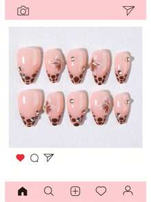 30片短杏仁形法式穿戴甲，棕色指甲，3D凝膠花卉美甲，豹紋圖案，鑲鑽裝飾，壓克力假指甲。套裝包含：1片果凍膠和1片指甲锉。 - 棕色 - 查看 4