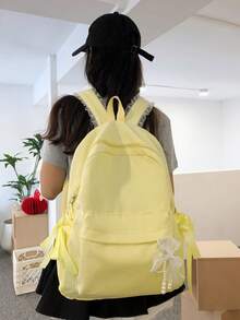Dedoo 大容量學生背包，大學校園使用，3件套，可水洗布料，蝴蝶結裝飾多拉鍊口袋，輕量收納，無吊飾 - 黃色 - 查看 10