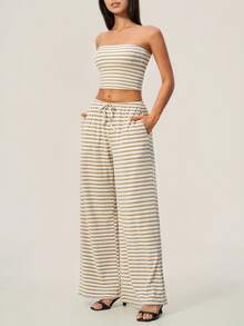 TimeOff Women's One Set Striped Strapless Bandeau Tank Top With Drawstring Waist And Side Pockets Wide Leg Pants 2 Pieces Set - Khaki - View 9