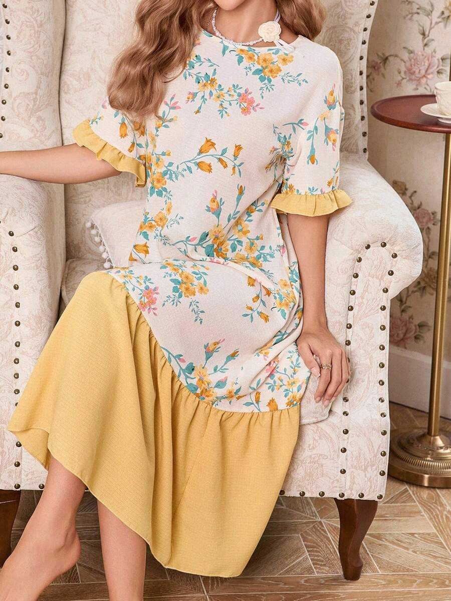 Women's Floral Print Yellow Ruffle Trim Patchwork Short Sleeve Round Neck Loose Mid-Length Nightgown Loungewear - Yellow - View 1