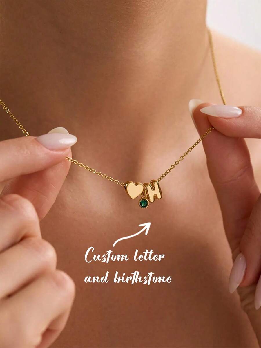 Personalized Initial Birthstone Heart Necklace, Customized Heart Pendant Necklace, Love Jewelry, Minimalist Everyday Necklace, Christmas Gift - As Shown - View 1