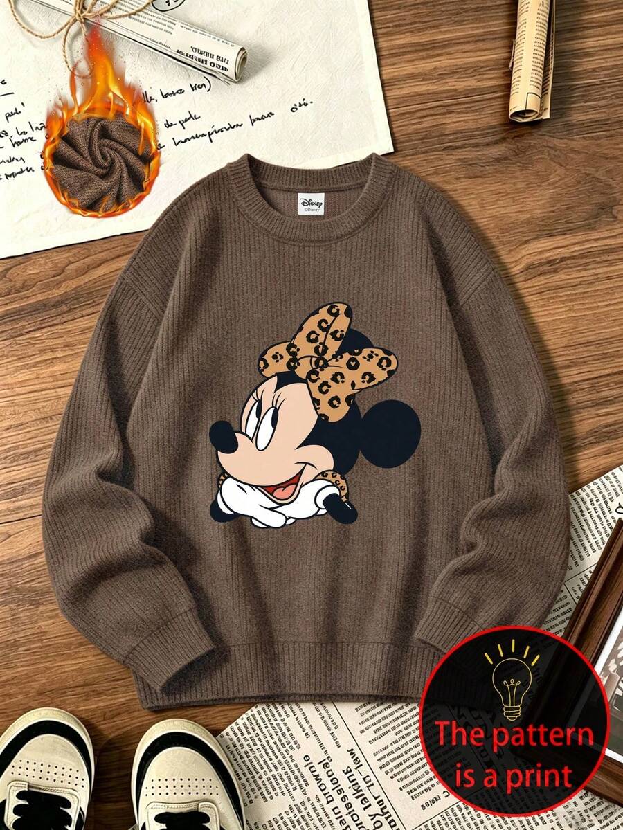 Disney Atasan Rajut Imitasi Kasual Ukuran Besar Wanita; Kain Lembut dan Nyaman; Cocok untuk Musim Gugur dan Musim Dingin; Menampilkan Gambar Kepala Minnie Mouse Motif Leopard. - Coklat - View 1