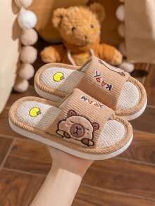 1 Pair Capybara Kids Linen Slippers, Girls Summer Cartoon Non-Slip Soft Sole Indoor House Slippers For Boys And Toddlers - Brown - View 3