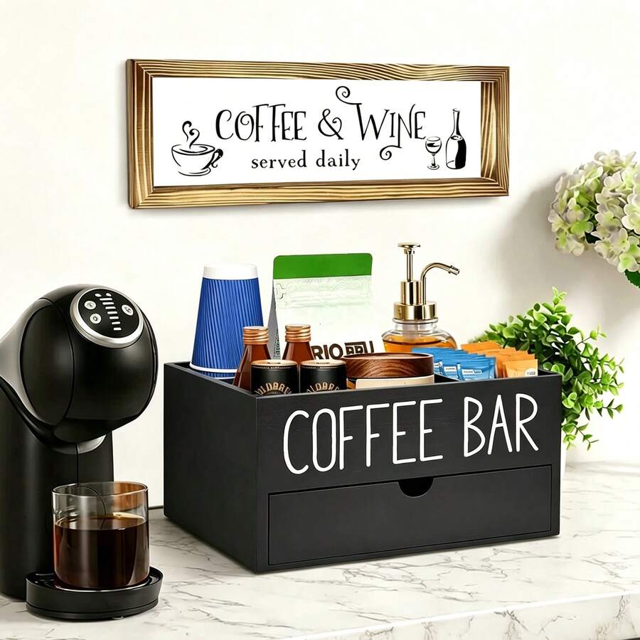 1pc Rustic Wooden Coffee Bar Storage Box, Countertop Coffee Bean Canister Organizer, Desktop Coffee Tea Condiment Storage Box, Rustic Style Coffee Accessories Storage Box, Bar Decor, Home Storage Organizer - Multicolor - View 1