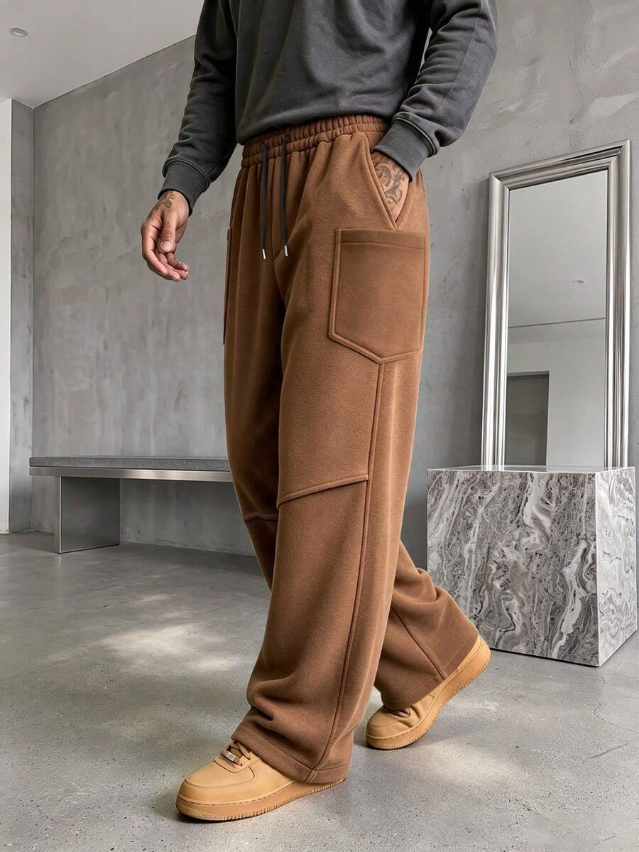 Celana Sweatpants Longgar Model Lebar Lurus untuk Musim Semi/Gugur dengan Tali Serut di Pinggang, Potongan Menjuntai, Celana Kasual Serbaguna untuk Pria - Coklat - View 1