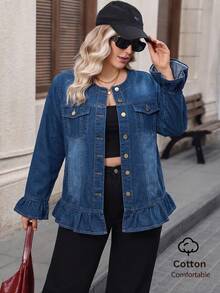 Women's Plus Size Deep Blue Ruffle Trim Denim Jacket, Traceable Cotton Casual - Dark Wash - View 2