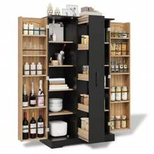 Kitchen Cabinet With Spice Rack, Spacious Double-Door Cabinet With 4-Tier Vertical Drawer, Adjustable Shelves And Modern Design – 150 * 78 * 40 Cm, Black - Black - View 1