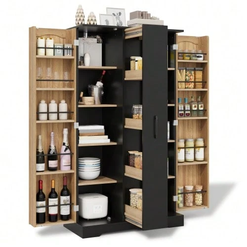 Kitchen Cabinet With Spice Rack, Spacious Double-Door Cabinet With 4-Tier Vertical Drawer, Adjustable Shelves And Modern Design – 150 * 78 * 40 Cm, Black - Black - View 1