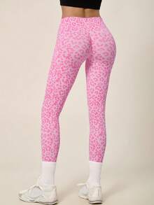 NcmRyu 1pc Women's Fashionable Elastic Contrast Color Leopard Print Ribbed Waist Sport Leggings - Pink - View 6